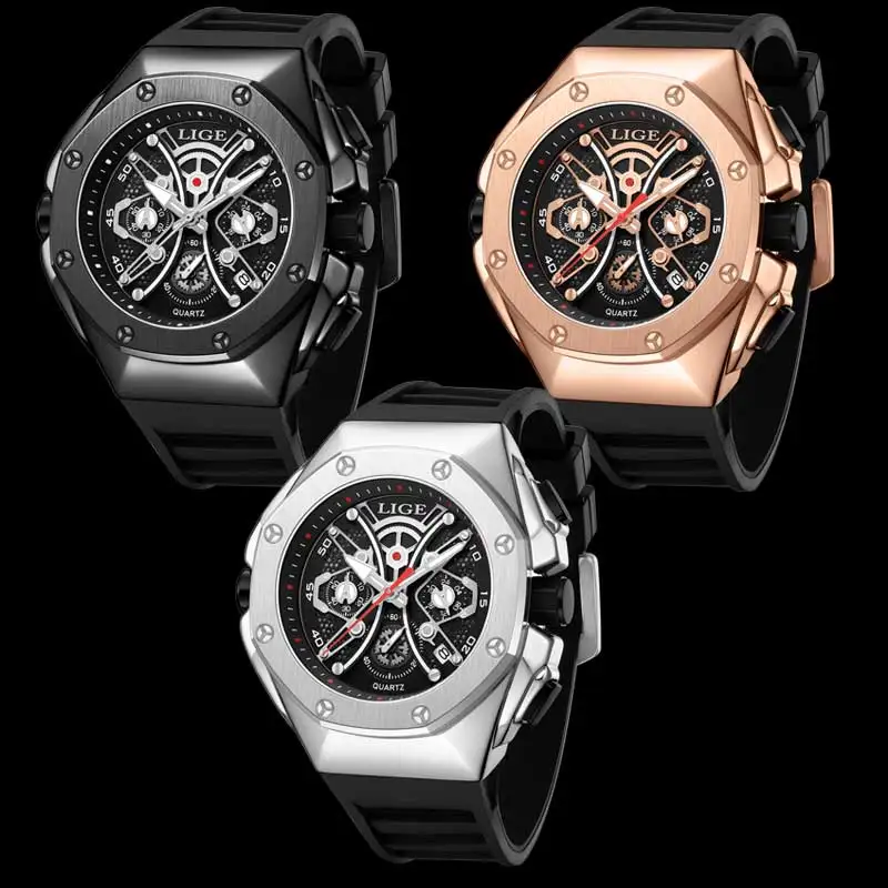 LIGE Fashion Hollow Watches Mens Business Watch Male Casual Skeleton Quartz WristWatch for Men Luminous Auto Date Silicone Strap