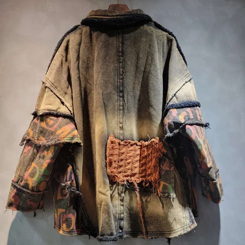 DEAT 2024 Autumn New Trendy Loose Design Worn Thickened Warm Denim Coat For Women Fashion Casual Splicing Jacket Female 11A01292