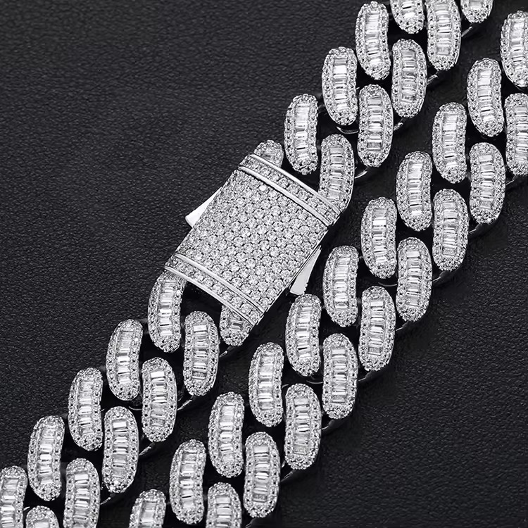 Full Iced Out Mens Bling Hiphop Jewelry Brass Baguette Cuban Link Chain 16mm Miami Cuban Chain