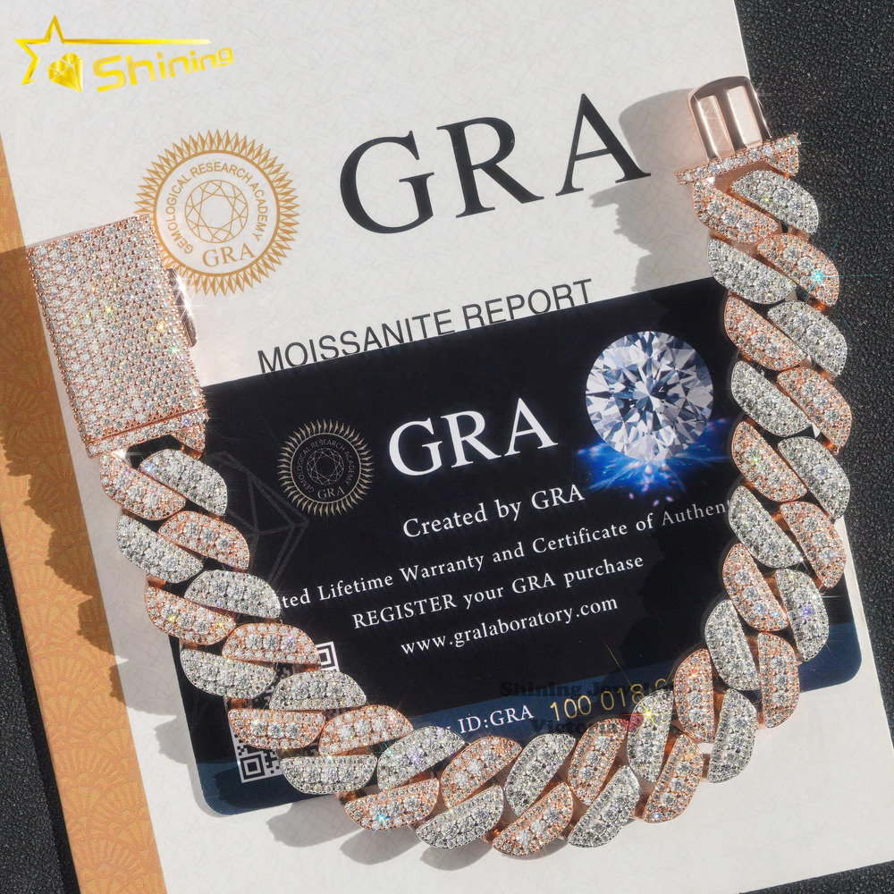 Shining Jewelry Hip Hop Jewelry 13mm 15mm Rose Gold Two Tone Iced Out VVS Moissanite Diamond Cuban Link Bracelet