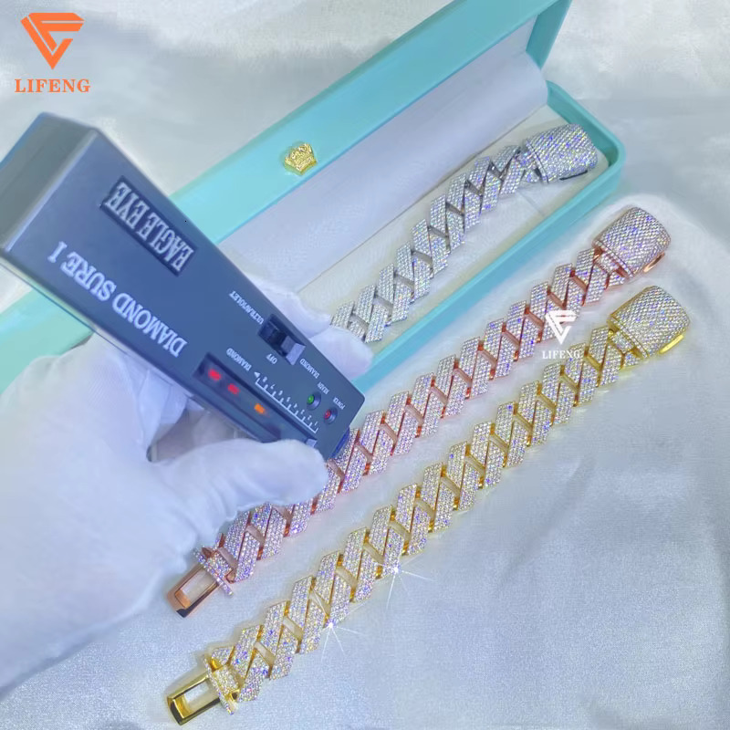 20mm 4 Row VVS Moissanite Diamond Hip Hop Cuban Link Chain Bracelet for Men Sterling Silver 925 Rose Gold Plated Bracelet
