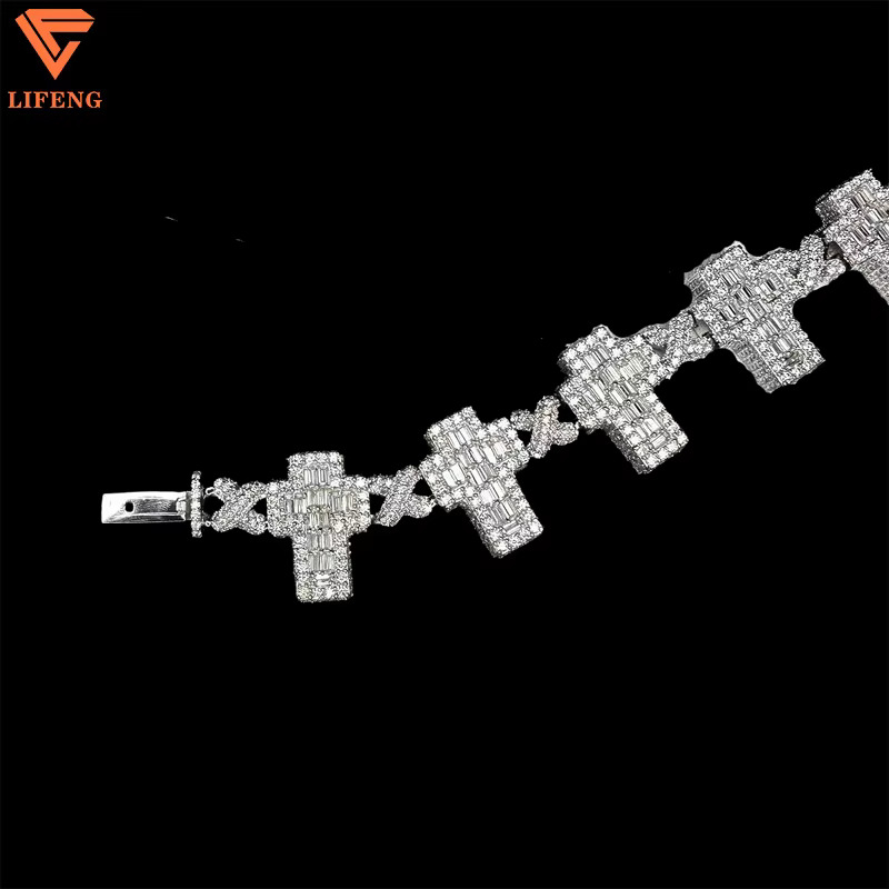 Mens Custom Cross Baguette Cut Bracelet Fashion Pass Diamond Test Hip Hop 925 Sterling Silver With Gold VVS1 Moissanite Gift