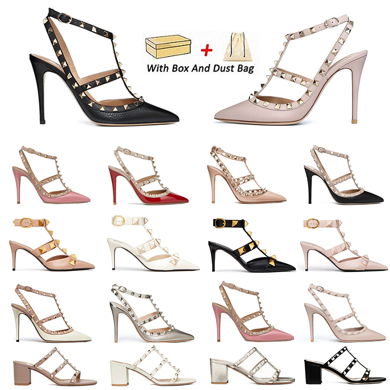 Designer With Box Women Wedding Sandals Luxurys High Heels Leather Rivet Dress Shoes Black Silver Gold Pink Pointed Peep-toes Lady sexy Woman Sandale Size 35-42