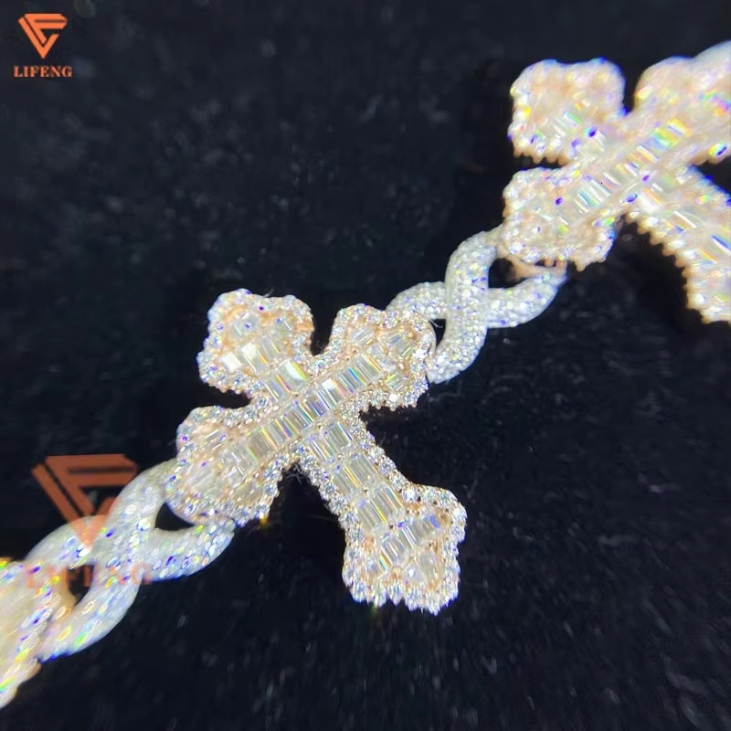 HipHop Rapper Men Iced Out Infinity Cross Bracelet Two Tone 925 Silver Moissanite Chain Baguette Cut Diamond Cuban Link Bracelet
