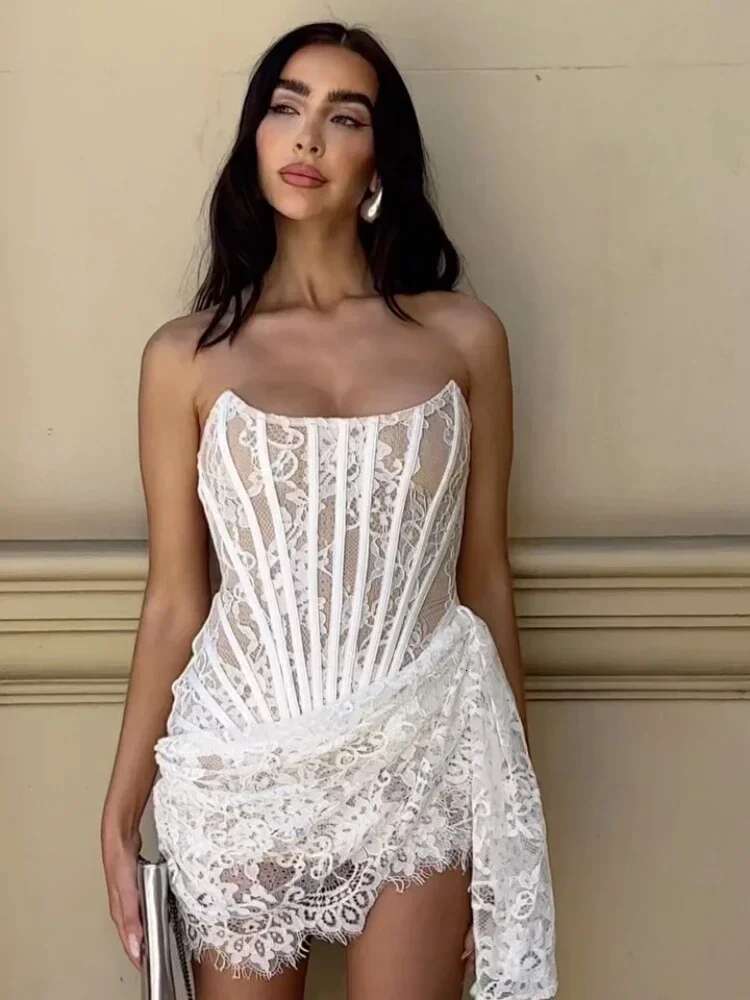 Women's Sexy Strapless Lace Corset Mini Dress Sleeveless Lace-Up Adjusted Draped Black Bodycon Dresses Elegant Party Club Gowns