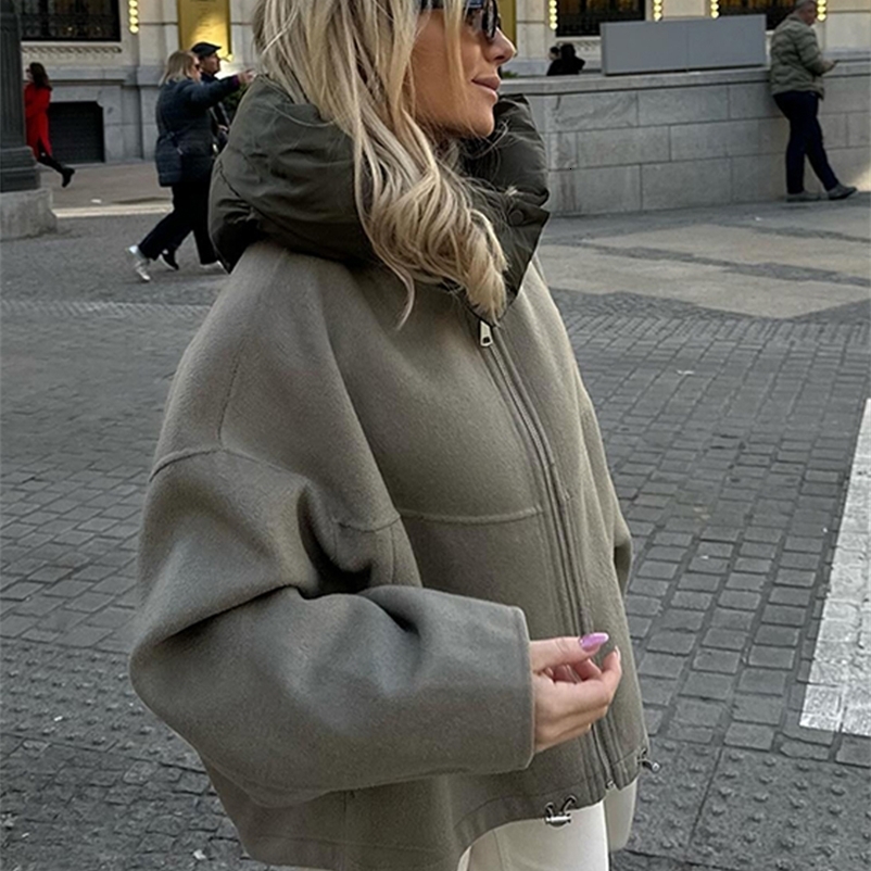Autumn Bomber Jacket For Women Casual Zipper Hooded Short Coats Female Vintage Street Pockets Outerwear 250314