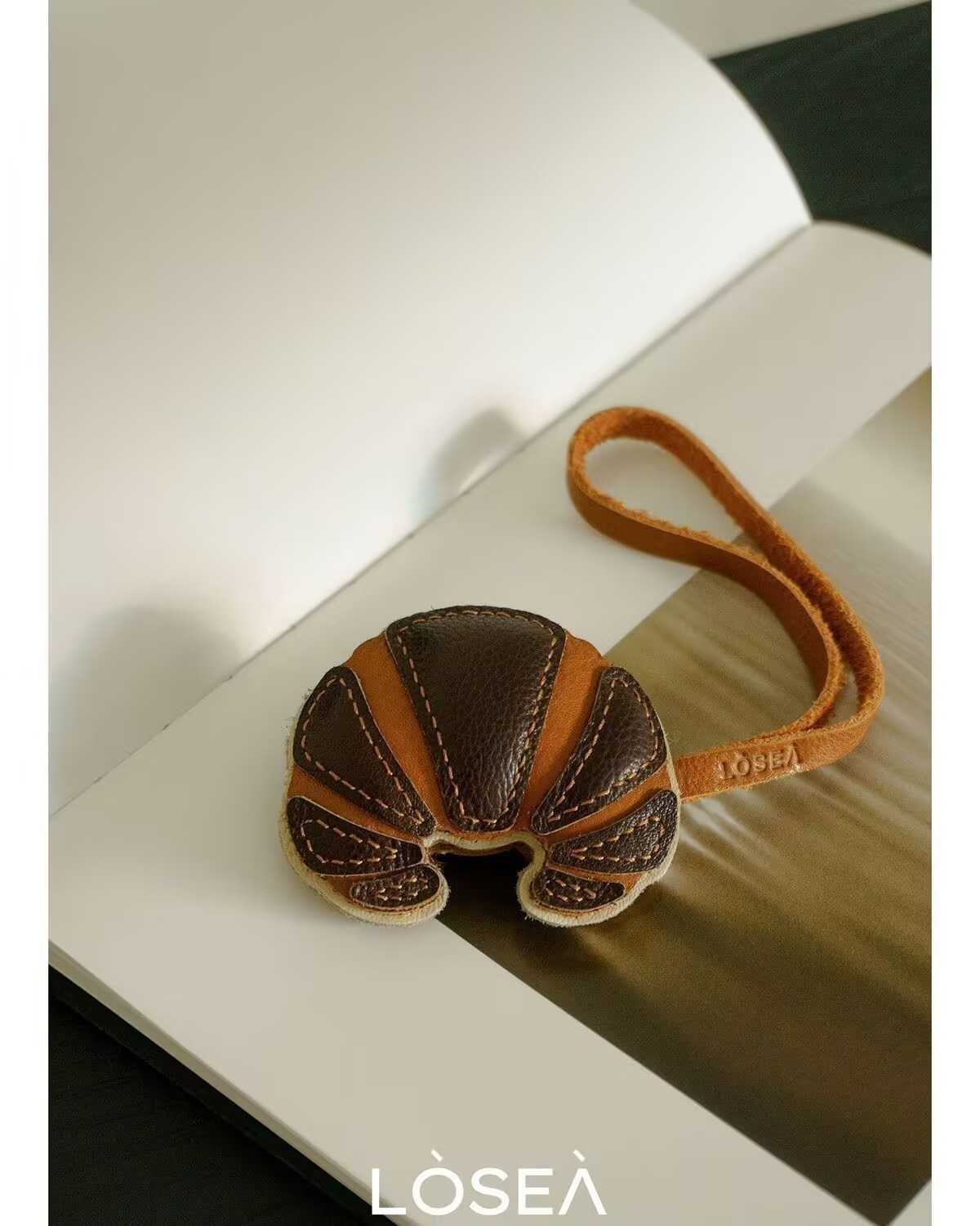 Handmade leather croissant charm keychain Y241121