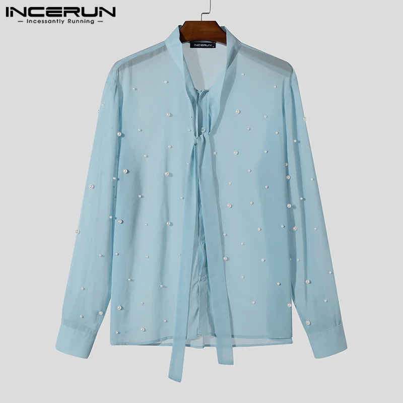 INCERUN Stylish Mens Top Transparent Fabric Pearl Decorative Shirt Casual Club Clothing Mens Selling Thin Long Sleeve Shirt 250313