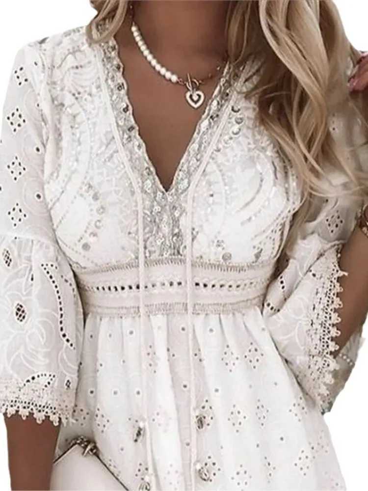 Elegant Women White Hollow Lace Mini Dress Summer V-neck Patchwork Lace Up Three Quarter Sleeve Ladies Vacation Beach Dresses M250304