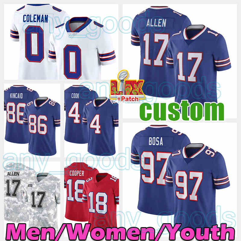 17 Josh Allen Football Jersey Joey Bosa Keon Coleman James Cook Dalton Kincaid Khalil Shakir Amari Cooper Dawson Knox Damar Hamlin Dion Dawkins Terrel Bernard Milano