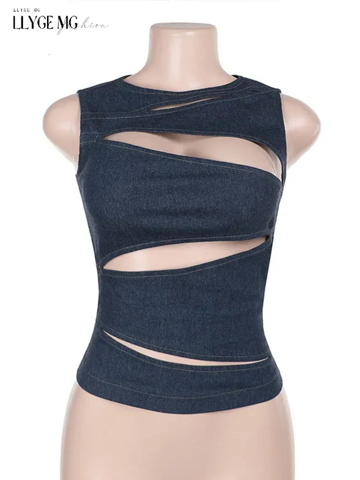 Denim Crop Top Women Hollow Out Slim O-neck Sleeveless Vest Female Spring Summer Stylish Tops Lady High Street Club Party Sexy 250314