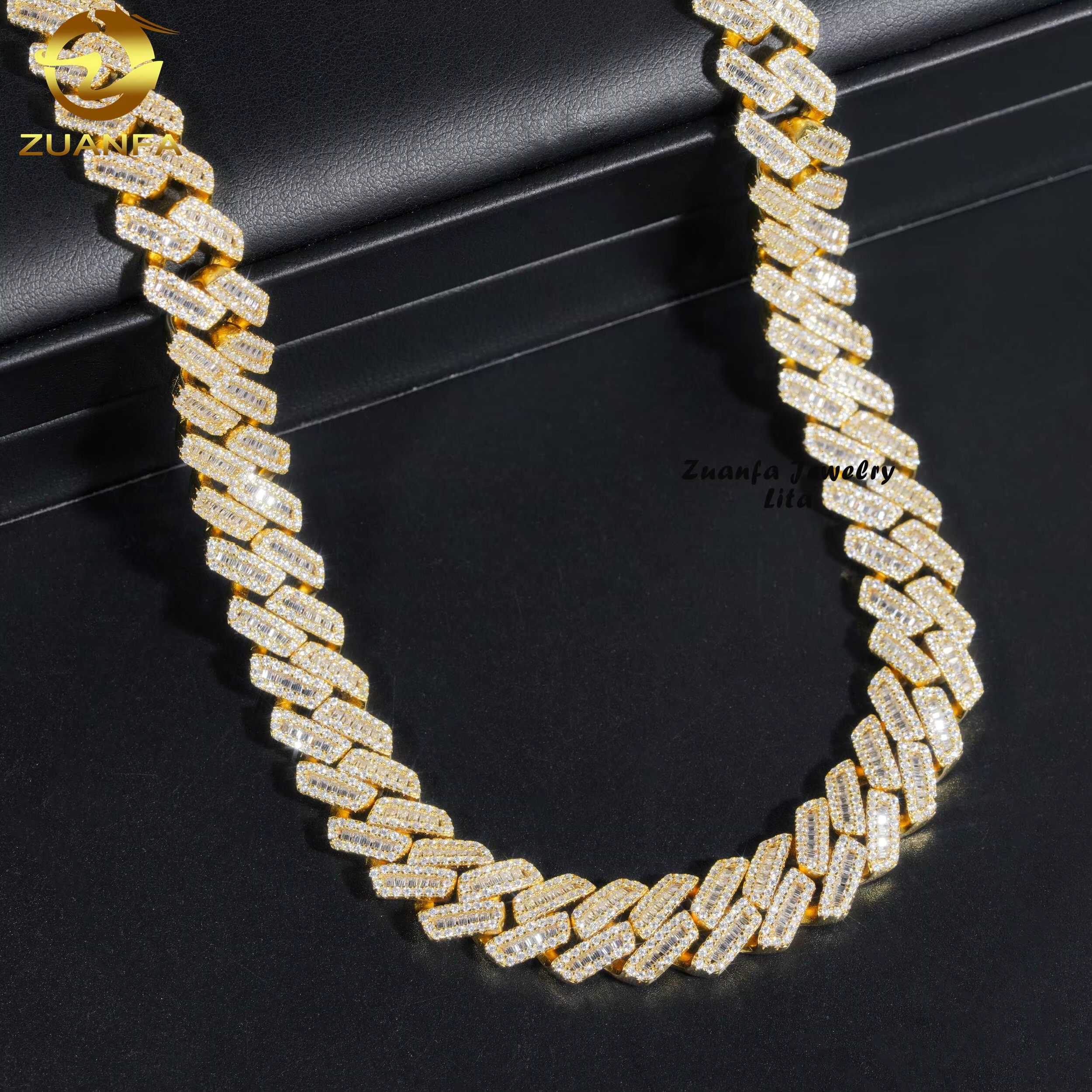Hip Hop New Style Iced Out Silver 12MM Width Baguette Moissanite Diamond Gold Plated Cuban Link Chain