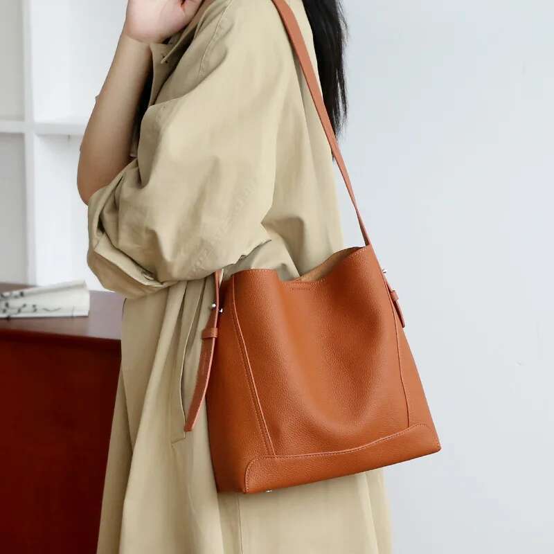 2024 New Women Female Shoulder Bags Lady Cowhide Genuine Leather Bucket Handbag Girl Messenger Crossbody Bag Tote