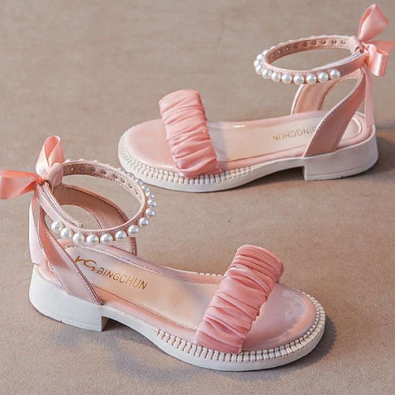 Childrens Sandals Summer Elegant Girl Princess Dress Bowtie Sandals Fashion Beading Ankle Strap Kids Causal Sweet Roman Sandals 250317