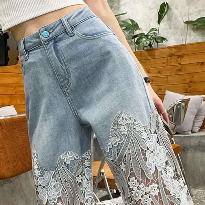 2025 new women's straight leg pants with transparent designer women's jeans lace coarse fabric spring pants retro pants