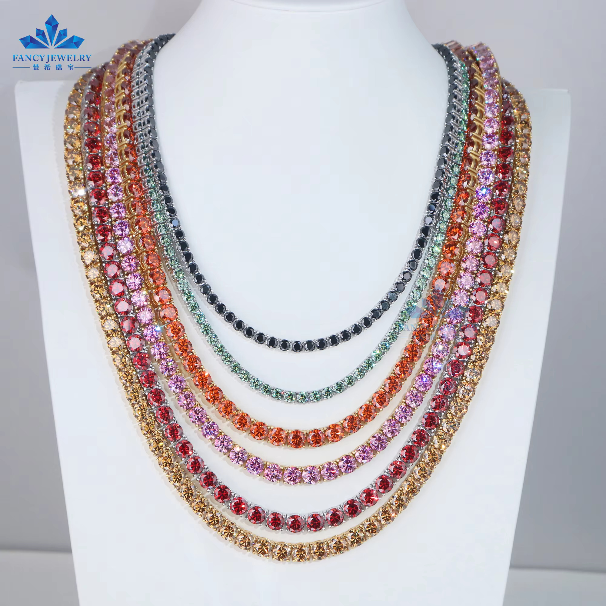 Fashion Jewelry 6.5mm Moissanite Diamond Red Garnet Yellow Pink Green Blue Black Color Diamond Tennis Necklace Chain