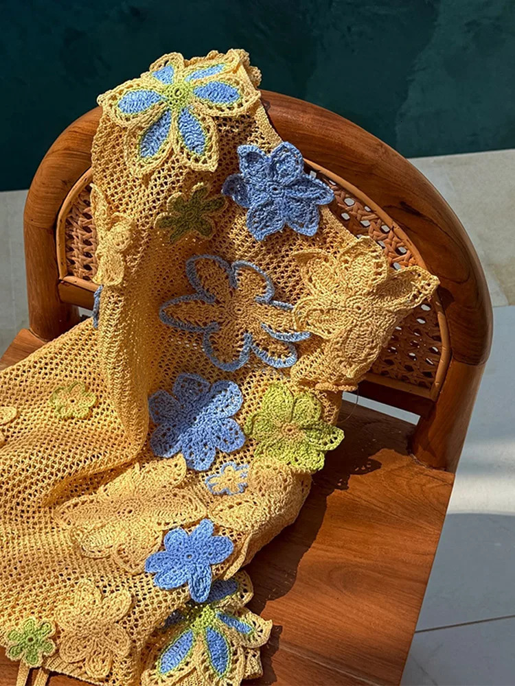 Colorful floral embroidery crochet knitting mini dress for women hollow outer belt backless sleeveless dress street vacation party 250314