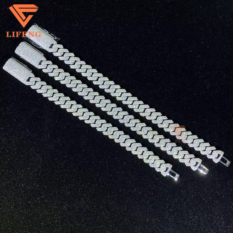 Mens 12mm 2-Row 925 Solid Sterling Silver Iced Hip Hop Bracelet VVS Moissanite Diamond Tester Cuban Link Chain Pass Diamond