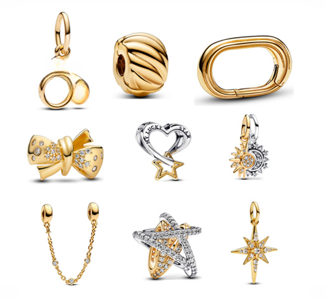 New 925 Sterling Silver Gold Bow Heart Sun and Moon Pendant Eight-pointed Star DIY Bracelet Suitable for Women's Jewelry Fashion Accessories