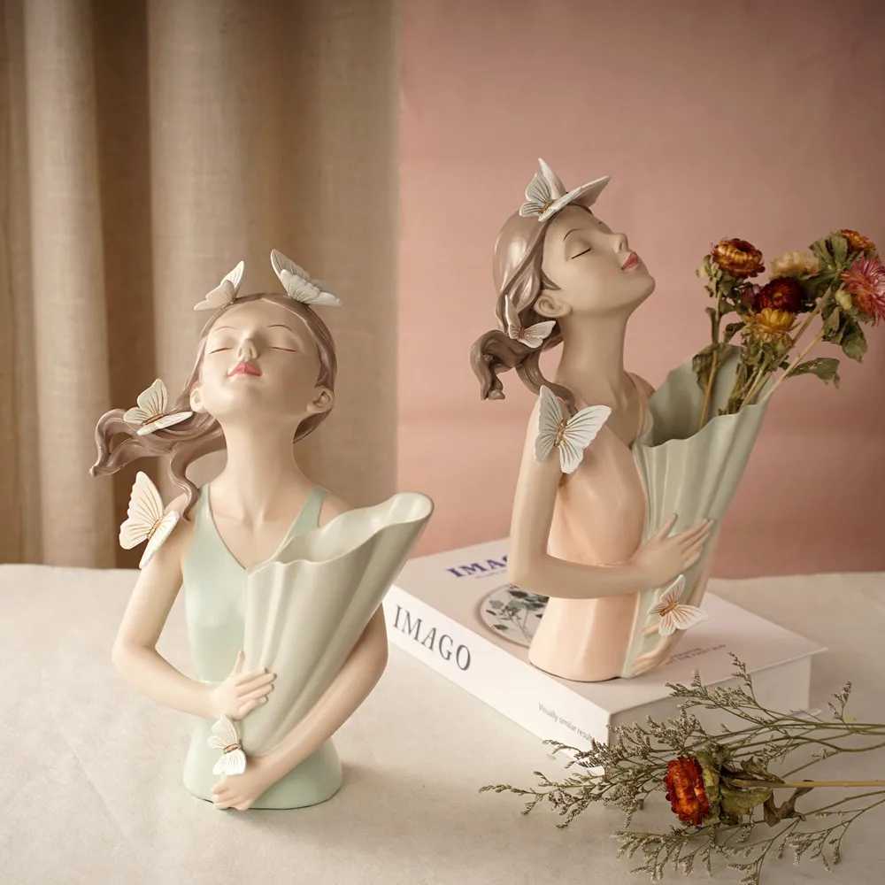 30cm Butterfly and Girl Vase Statue Handmade Modern Art Figurines Home Decoration Living Pink Room Interior Bedroom Decor Resin X250317