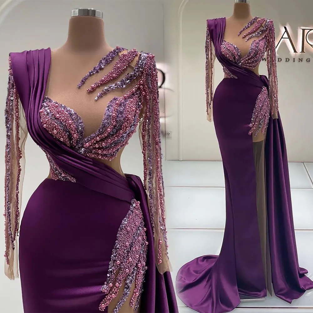 Elegant Purple Satin Mermaid Prom Dresses 2025 Sheer Neck Long Sleeves Plus Size Formal Evening Ocn Gowns For Arabic Women