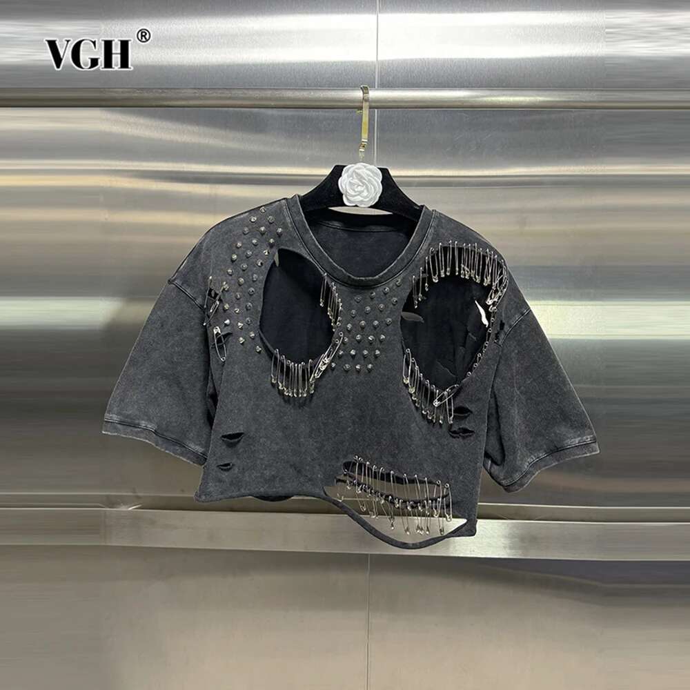 Hollow Out Patchwork Sequins Solid Shirts For Women Round Neck Short Sleeve Minimalist Slimming T Shirt Female Fashion New