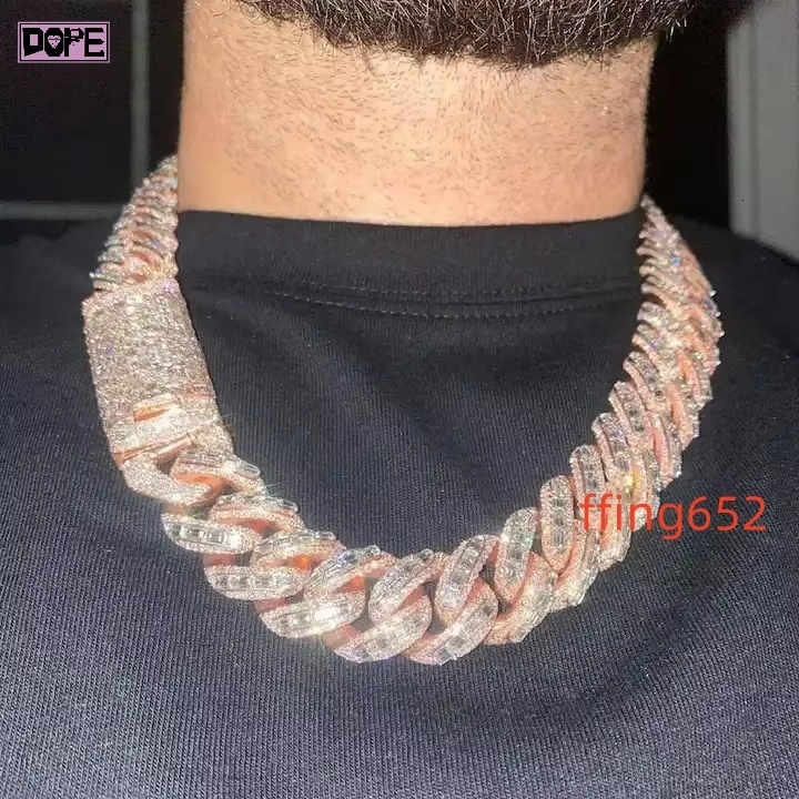 Hiphop Miami Cuban Link Chain 925 Sterling Silver Iced Out 20mm Gold Plated Baguette Moissanite Cuban Chain