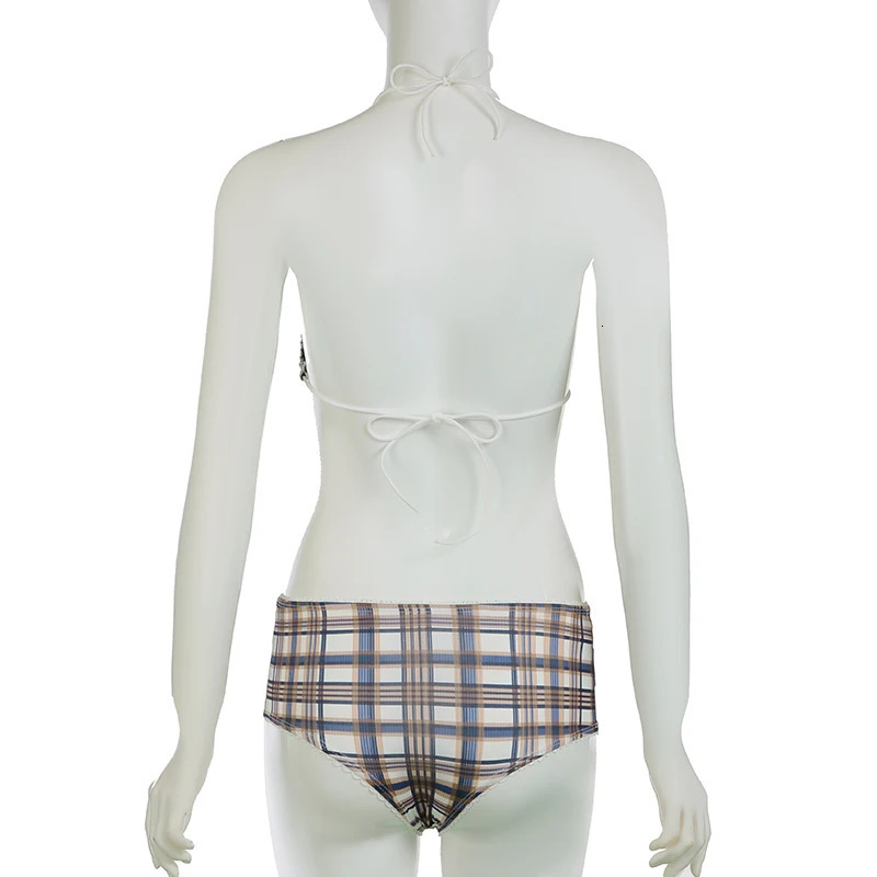 BIIKPIIK Plaid Bikini Set Swimwear Sexy Backless Halter Lace-up Women Shorts Suit Party Casual Two Piece Set Beach Summer Outfit 250317