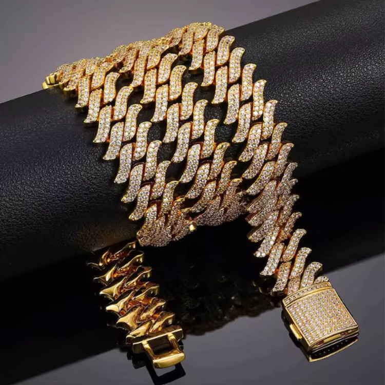 Hip Hop Jewelry 20MM Bling Iced Out Mens Prong CZ Miami Cuban Chain Bracelet Necklace Cubic Zirconia Thorns Cuban Link Chain
