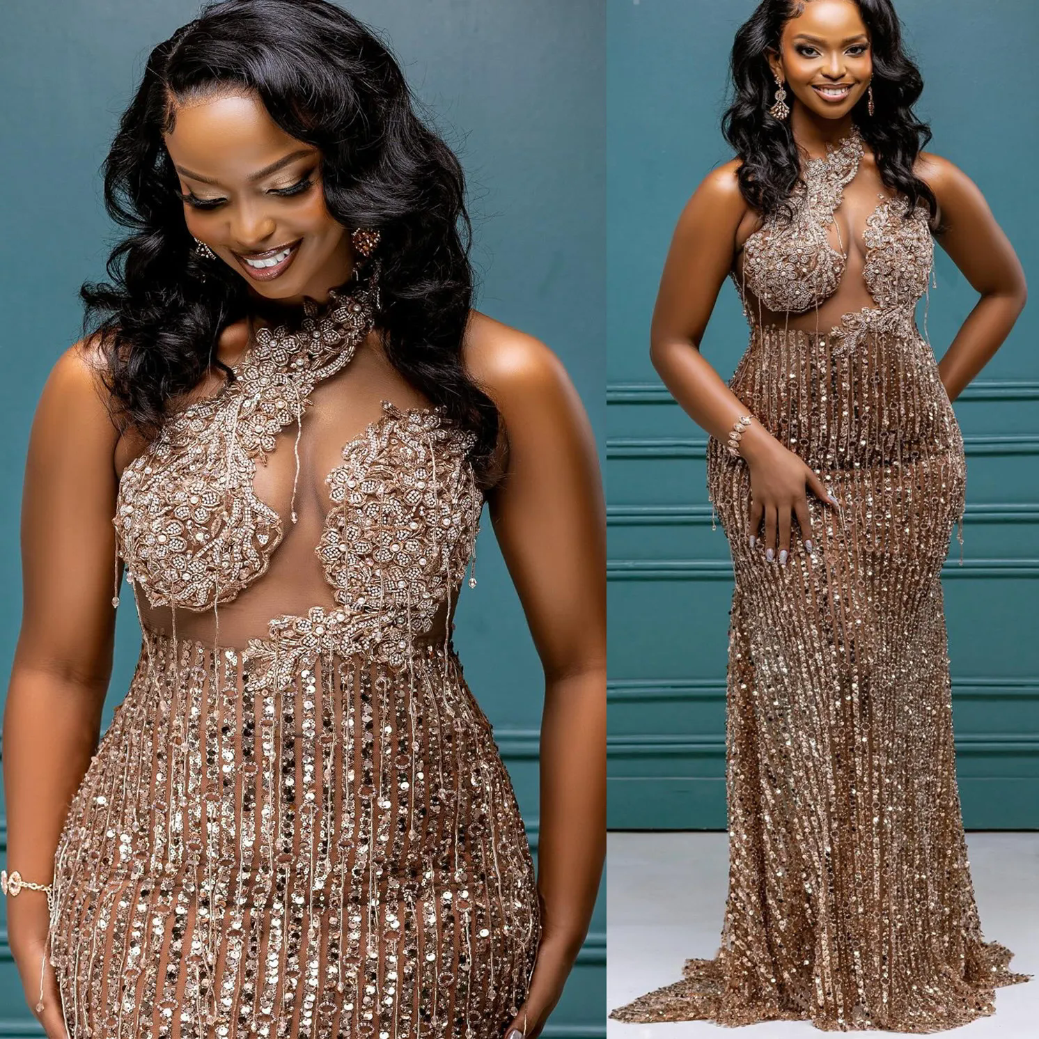 2025 Aso Ebi Rose Gold Mermaid Prom Dress Lace Beaded Evening Formal Party Second Reception 50Th Birthday Engagement Gowns Dresses Robe De Soiree