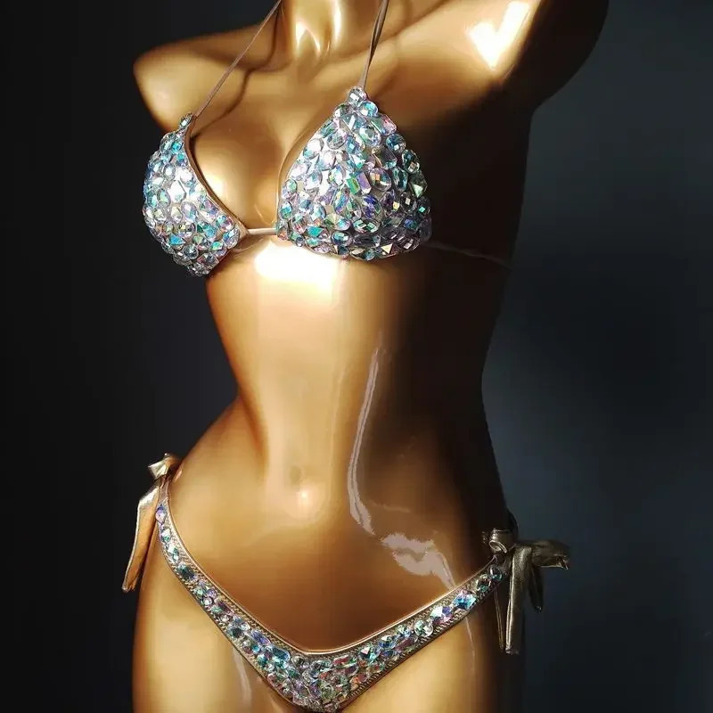 bikini 2-piece swimsuit sexy womens rhinestone bra and thong set push up high waisted swimsuit shiny fashionable beachwear 250313