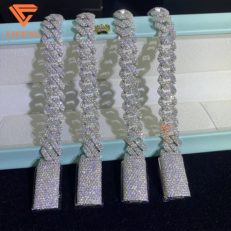 Mens 12mm 2-Row 925 Solid Sterling Silver Iced Hip Hop Bracelet VVS Moissanite Diamond Tester Cuban Link Chain Pass Diamond