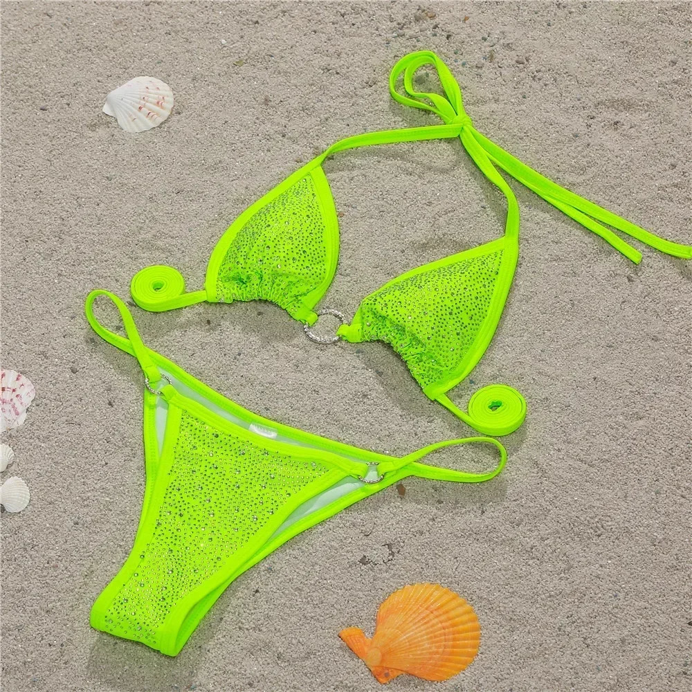 Sexy Micro Triangle Bikini Women Diamond Push Up Thong Halter Swimsuit Female Cut Out Bathing Suit Shiny Swimwear 250314