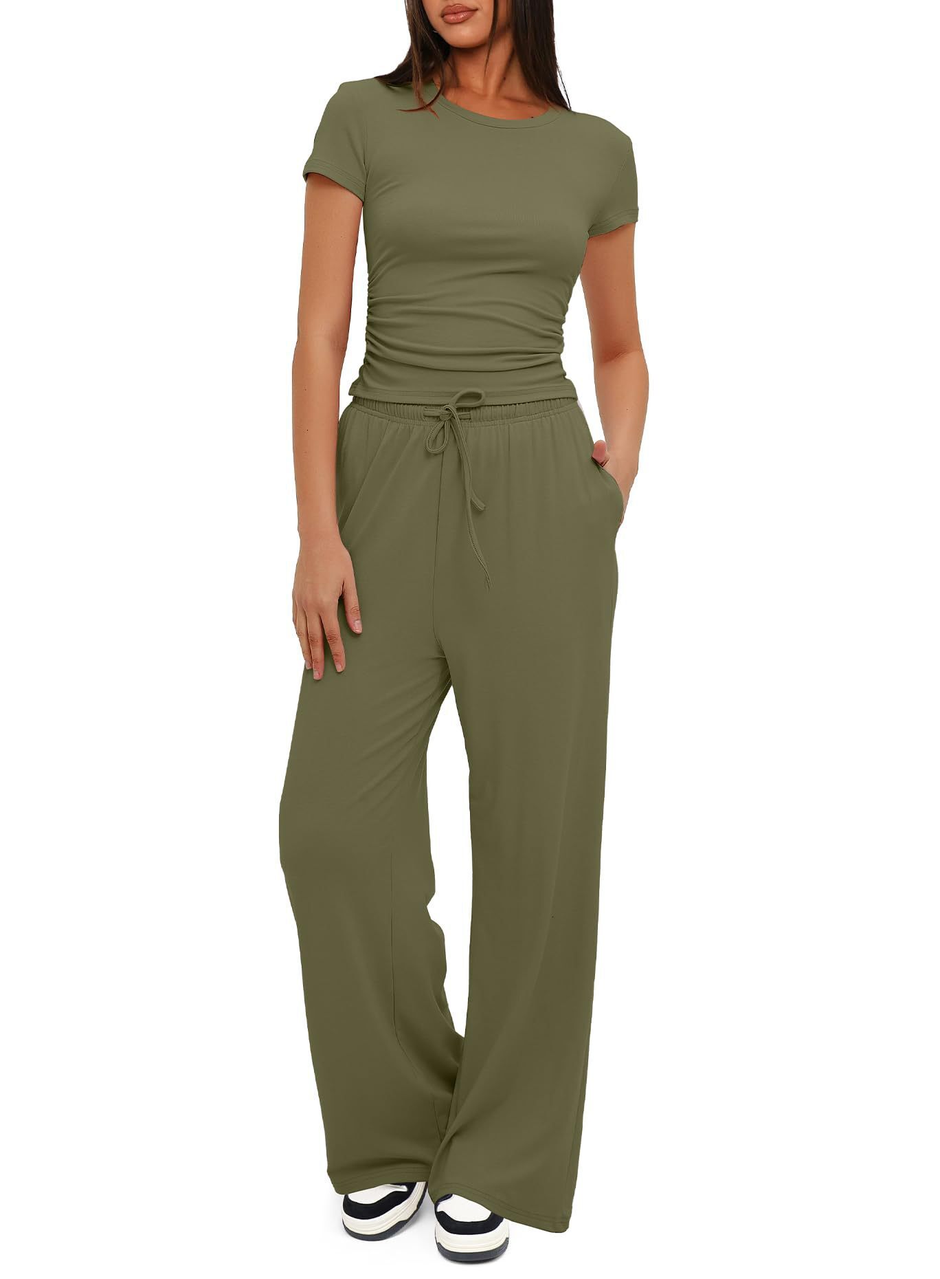 New Solid Color Casual Set Pleated Short Sleeve T-shirt Two Piece Top High Waist Wide Leg Pants Sportswear