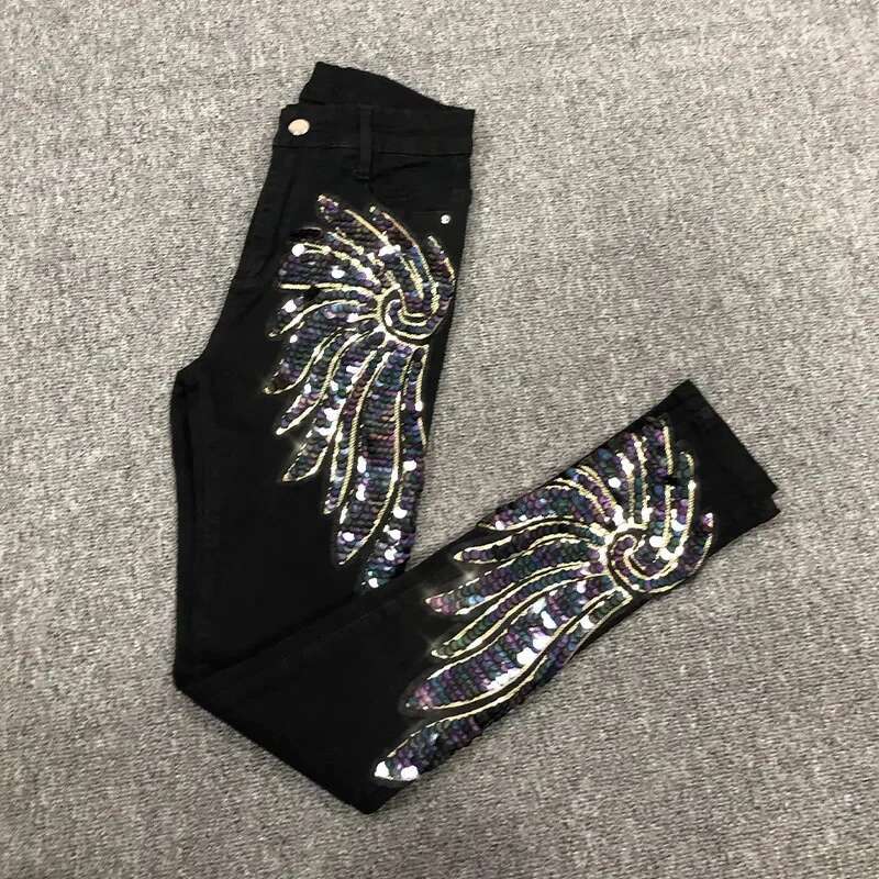 White sequined Phoenix denim 2025 new Korean slim fit elastic pencil tight jeans designer women's ankle length pants5