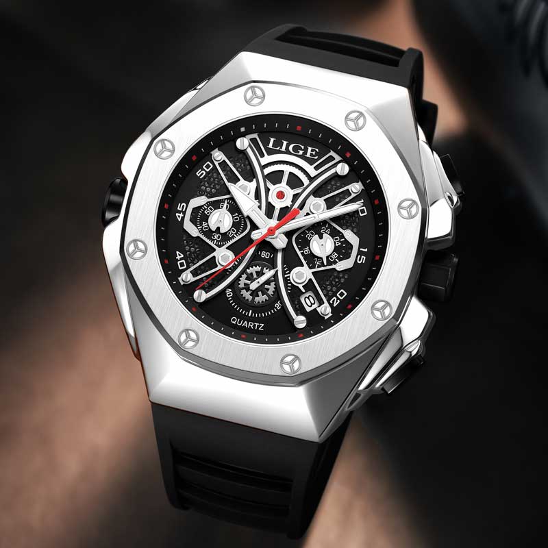 LIGE Fashion Hollow Watches Mens Business Watch Male Casual Skeleton Quartz WristWatch for Men Luminous Auto Date Silicone Strap