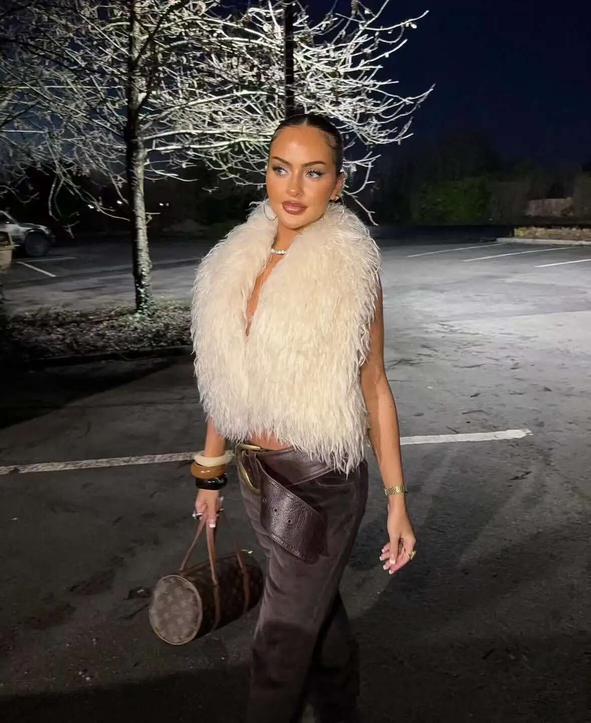 Sexy Mongolian Fur Backless Lacing Vest Waistcoat Woman Fluffy Halter Crop Top High Street Nightclub Cardigan Outfits