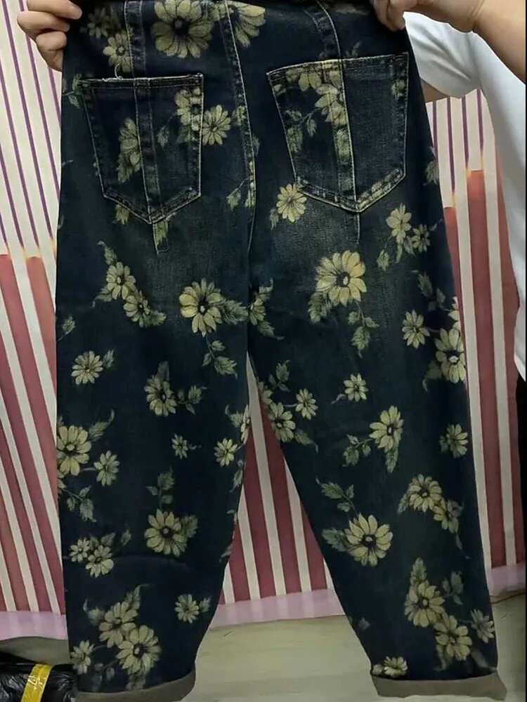 2025 New Printed Denim Pants Large Loose High Waist Retro Casual Pants Designer Women's Korean Jeans Pants No Print5