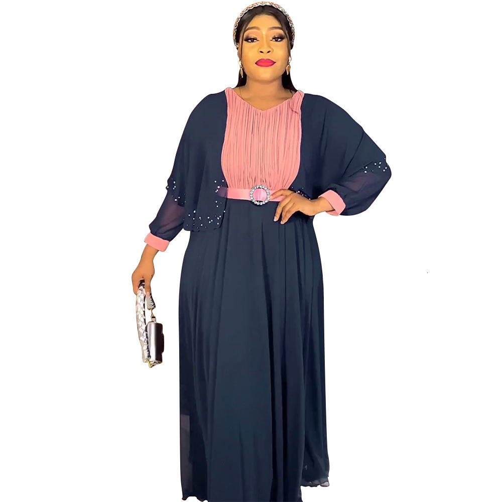 Plus Size Dresses Beaded Diamond Long Sleeve Belt Chiffon Dress Loose Floor Dragging Long Dress For Women 3xl 4xl 240318