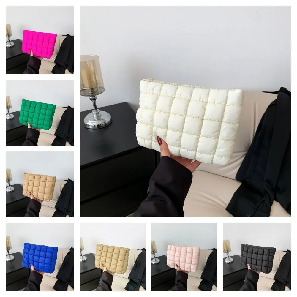 Fashion Puffy Quilted Padded Makeup Zipper Handbag Cotton Clutch Solid Color Storage Cosmetic Bag Lady