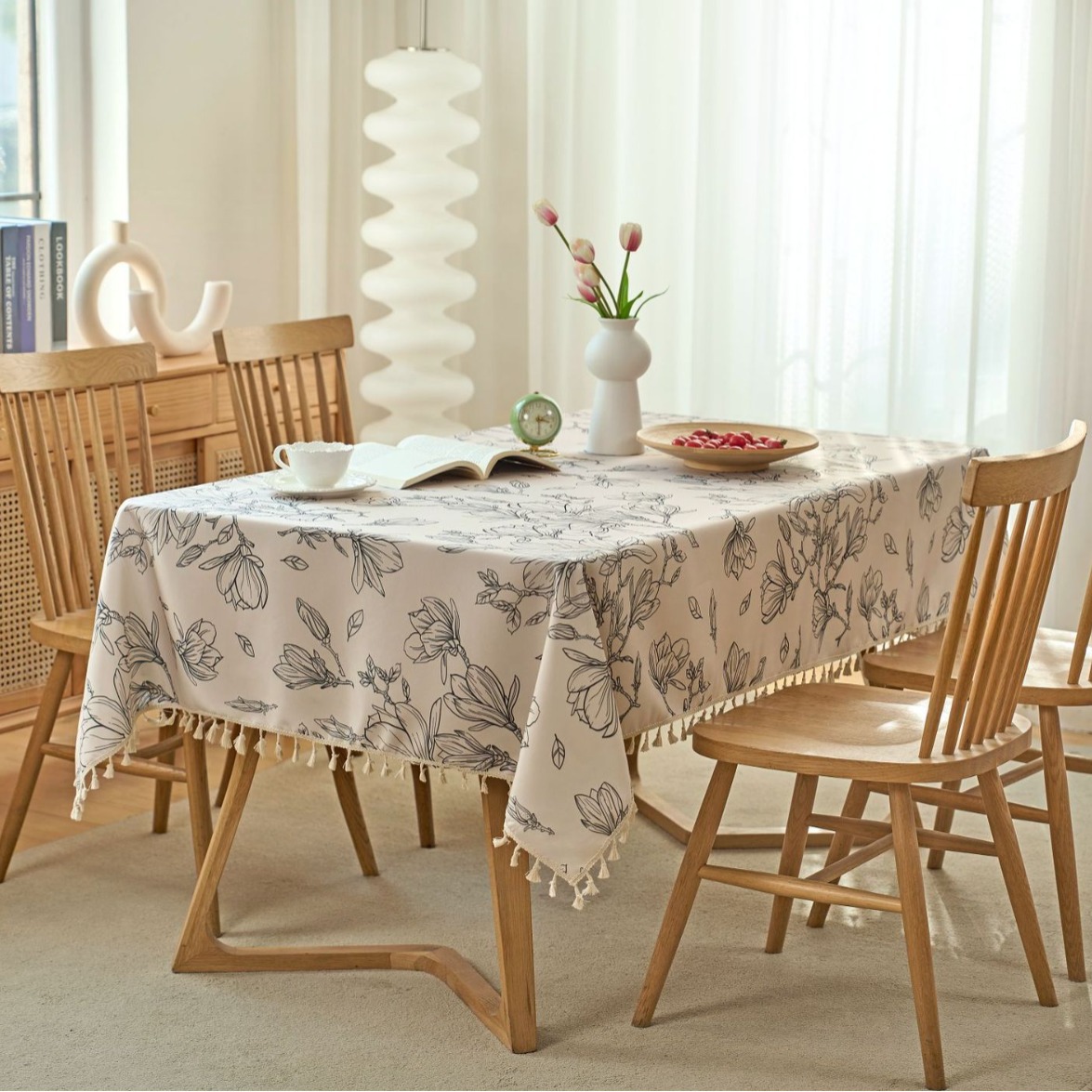 Rectangular tablecloth waterproof, oil-proof and scalding-proof white printed magnolia fabric table mat J8MB01