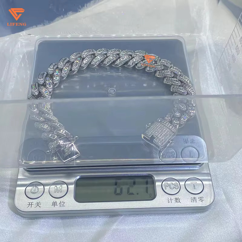 Fashion Jewelry White Gold Plated Charm Bracelet S925 Iced Out 14mm Baguette VVS Moissanite Hip Hop Cuban Chain Bracelet for Men