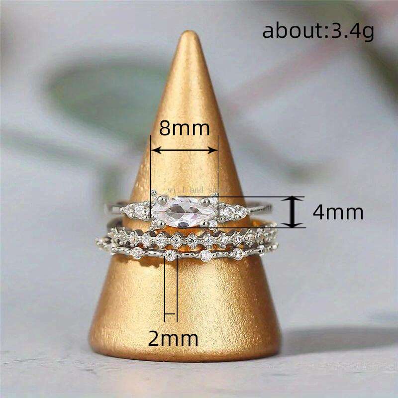 3pcs/set Dia Inlaid Stackable Horse Eye Stone Ring Shiny Zircon Sterling Sier Gold Plated Wedding Engagement Rings for Women Jewelry