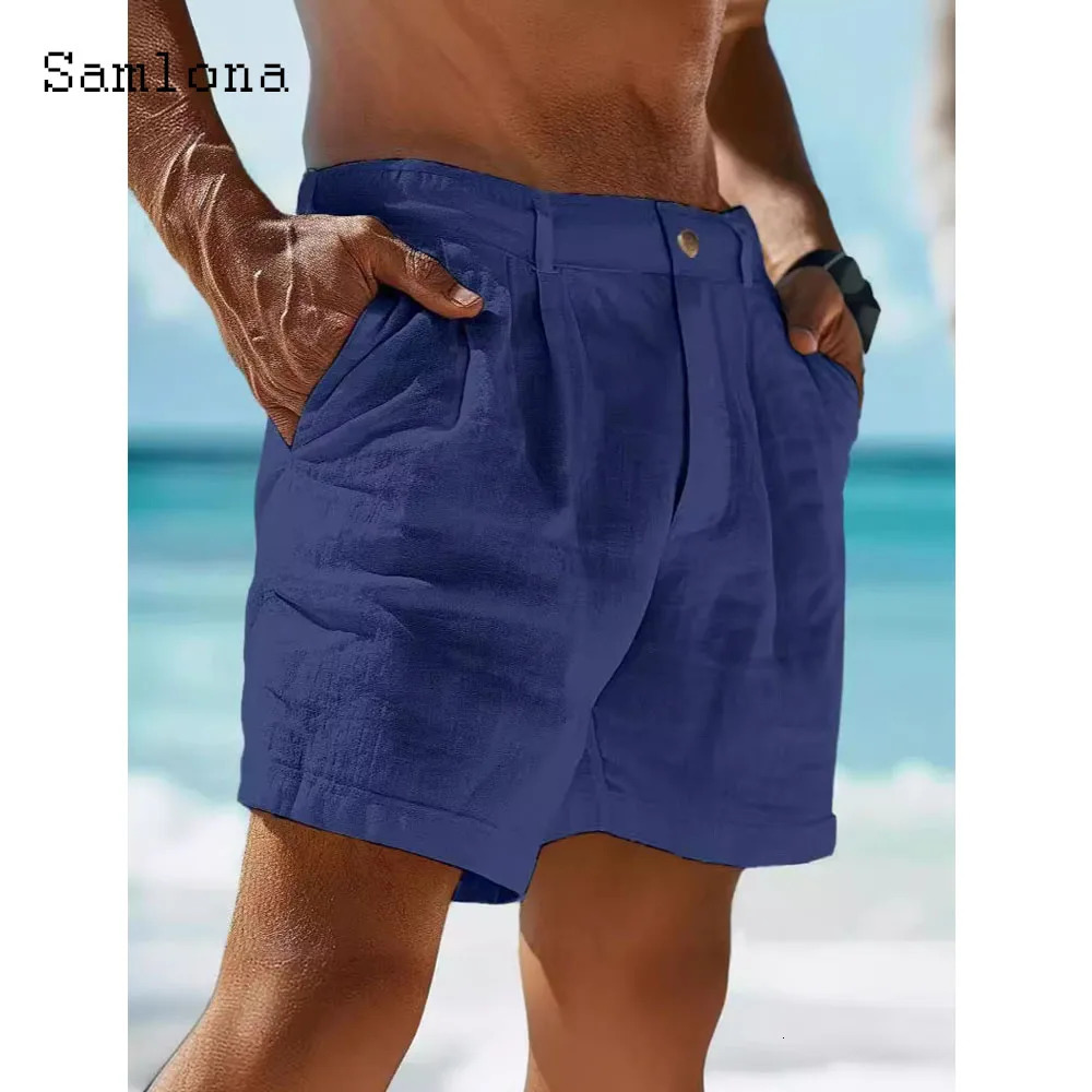 Mens Vintage Stand Pocket Cotton Linen Shorts 2024 European Style Casual Beach Short Pants Solid White Khaki Button Fly pants 250313