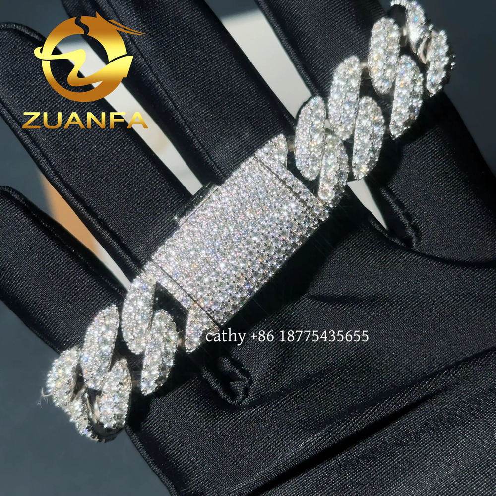 High End 15mm Width Solid 925 Silver Moissanite Diamond Cuban Men Bracelet Iced Out Rapper Miami Big Diamond Bracelet