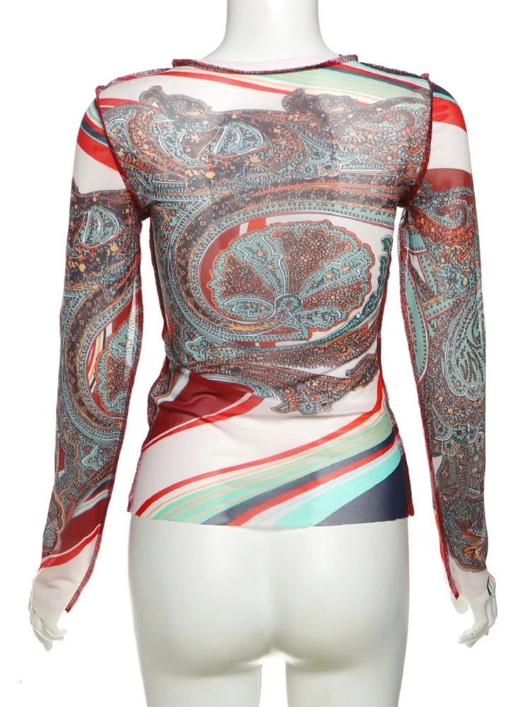 Weird Puss Colorful Print Women Crop Tops See Through Spring Full Sleeve Stretch Wild Basic Streetwear Hipster Skinny 250314