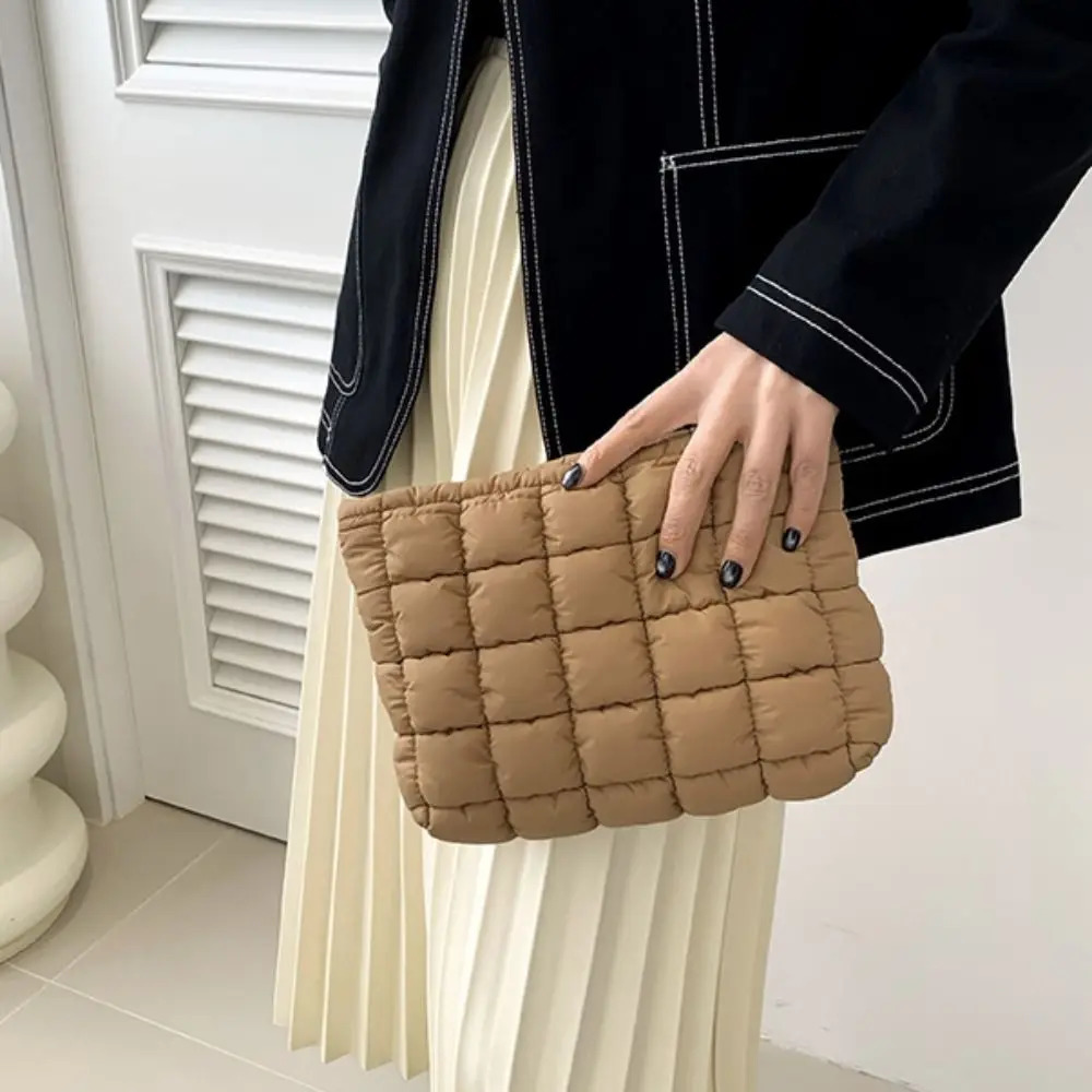 Fashion Puffy Quilted Padded Makeup Zipper Handbag Cotton Clutch Solid Color Storage Cosmetic Bag Lady
