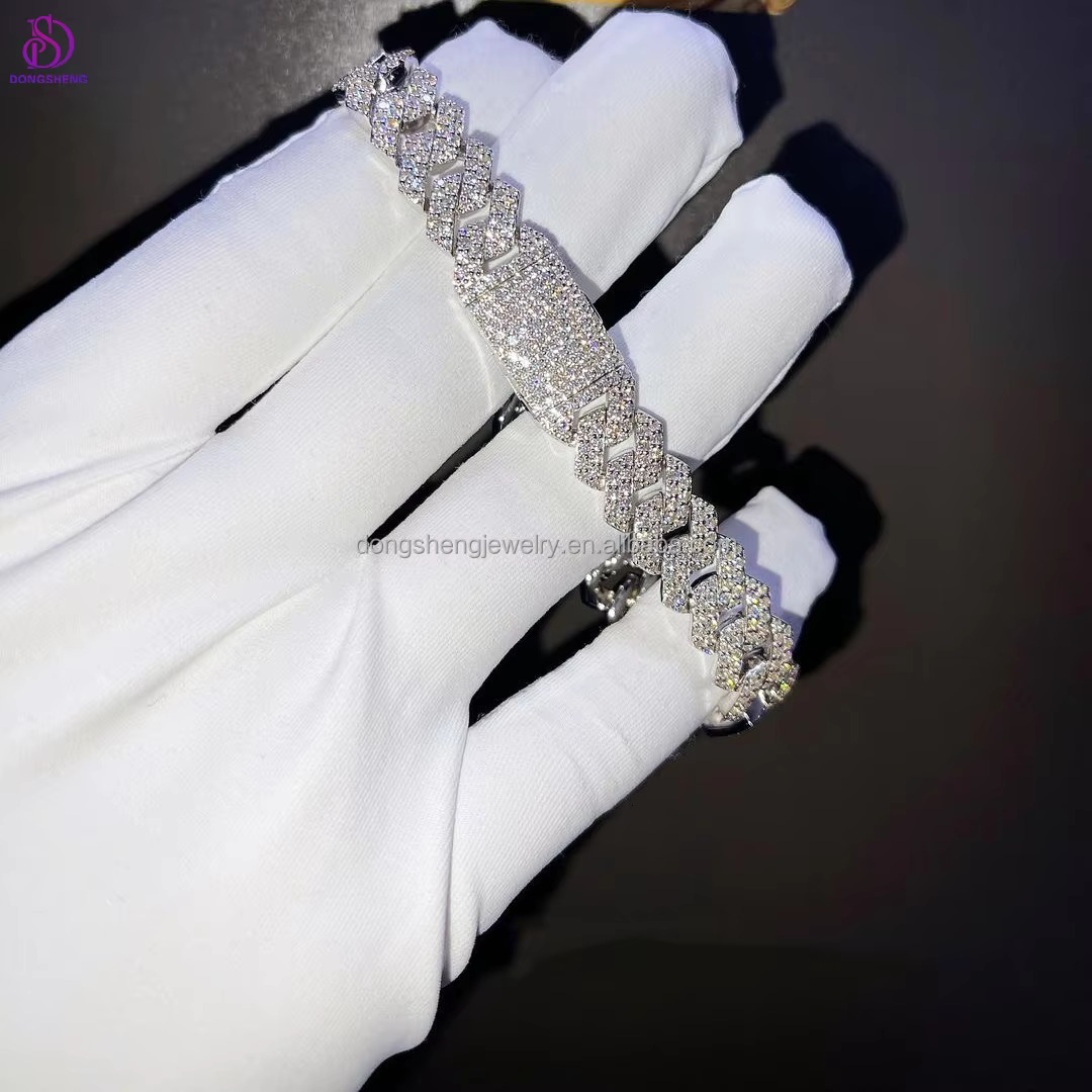 Wide Diamond Hip Hop Fashion Jewelry Iced Out VVS Moissanite Cuban Bracelet for Men and Women 12mm 13mm 14mm Silver Customize C5