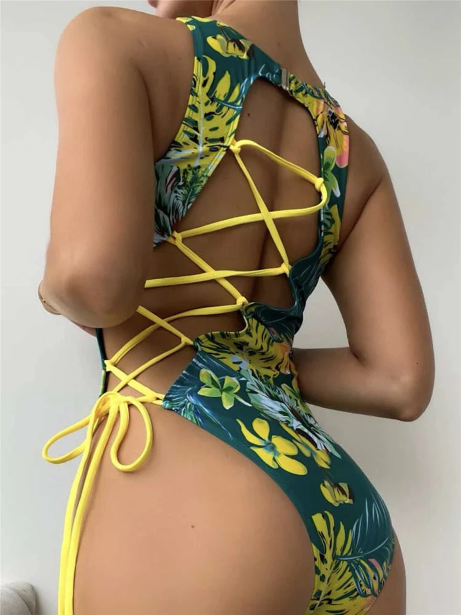 Lace Up Back Swimsuit 2023 Printed Swimwear Women Sexy Backless Bathing Swimming Suit Female Padded Beachwear Bodysuit 250312