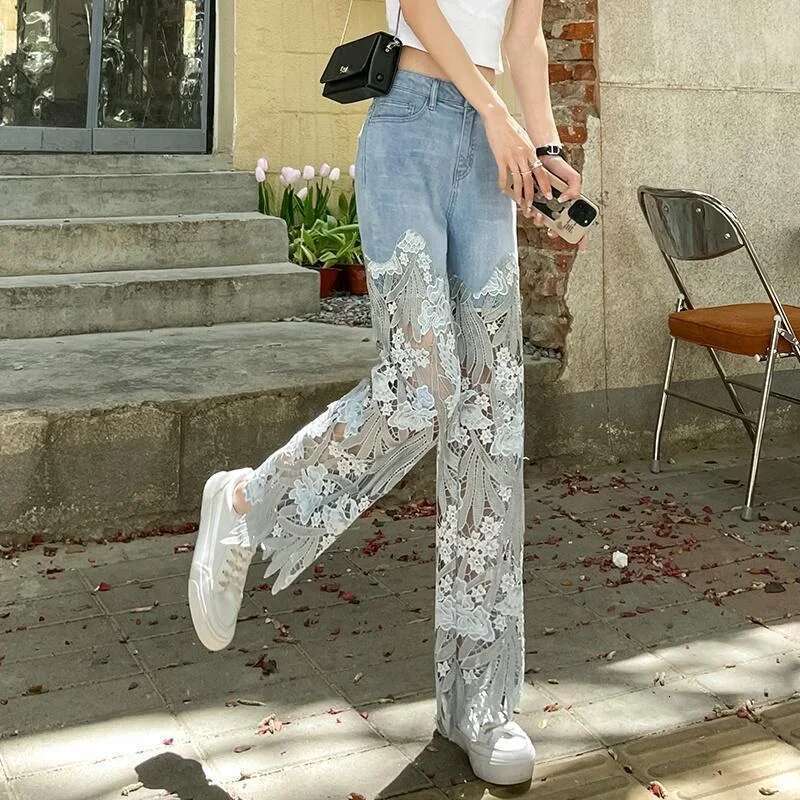 2025 new women's straight leg pants with transparent designer women's jeans lace coarse fabric spring pants retro pants